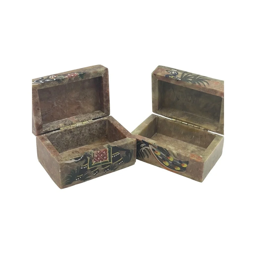 Hand Painted Handmade Soapstone Elephant & Peacock Trinket Jewelry Boxes Set